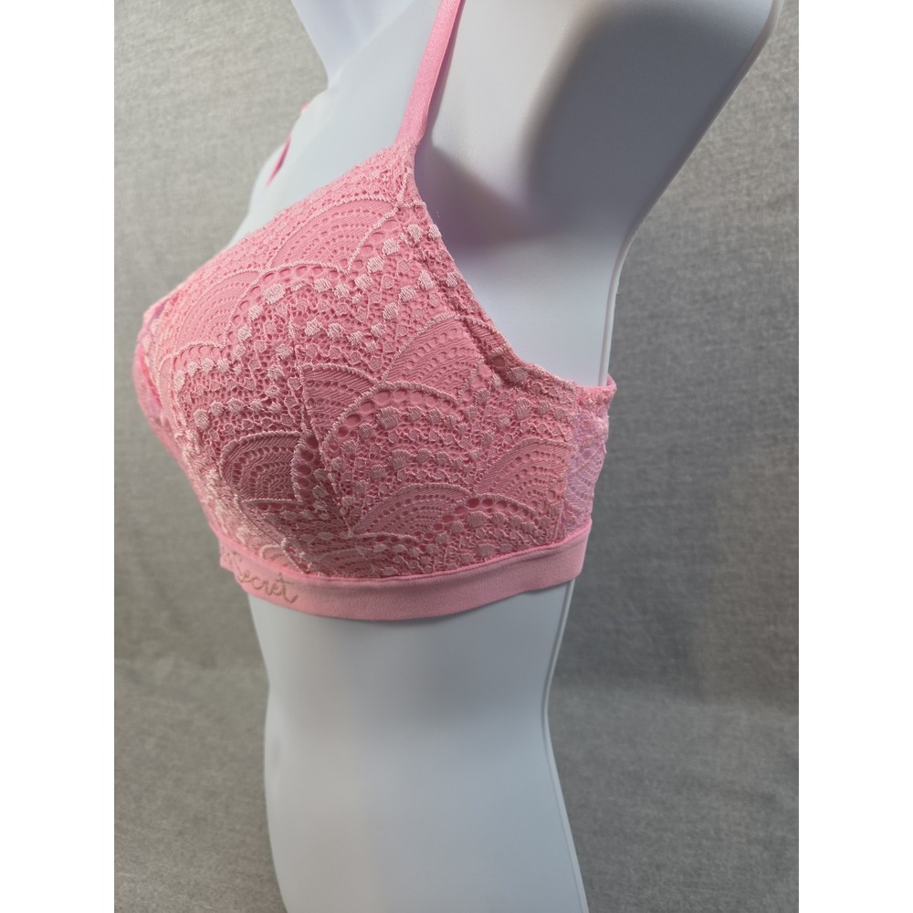 Victorias Secret Lined No Wire Wireless Bra 34D Pink All Over Lace Logo NEW - Picture 2 of 7